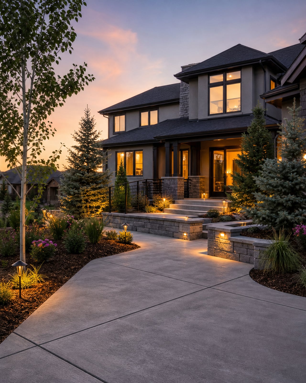 Finished Cornerstone Concrete Co. residential project at dusk