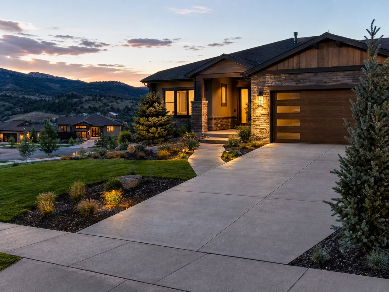Suburban Colorado home with prominent residential concrete driveway and walkway at dusk