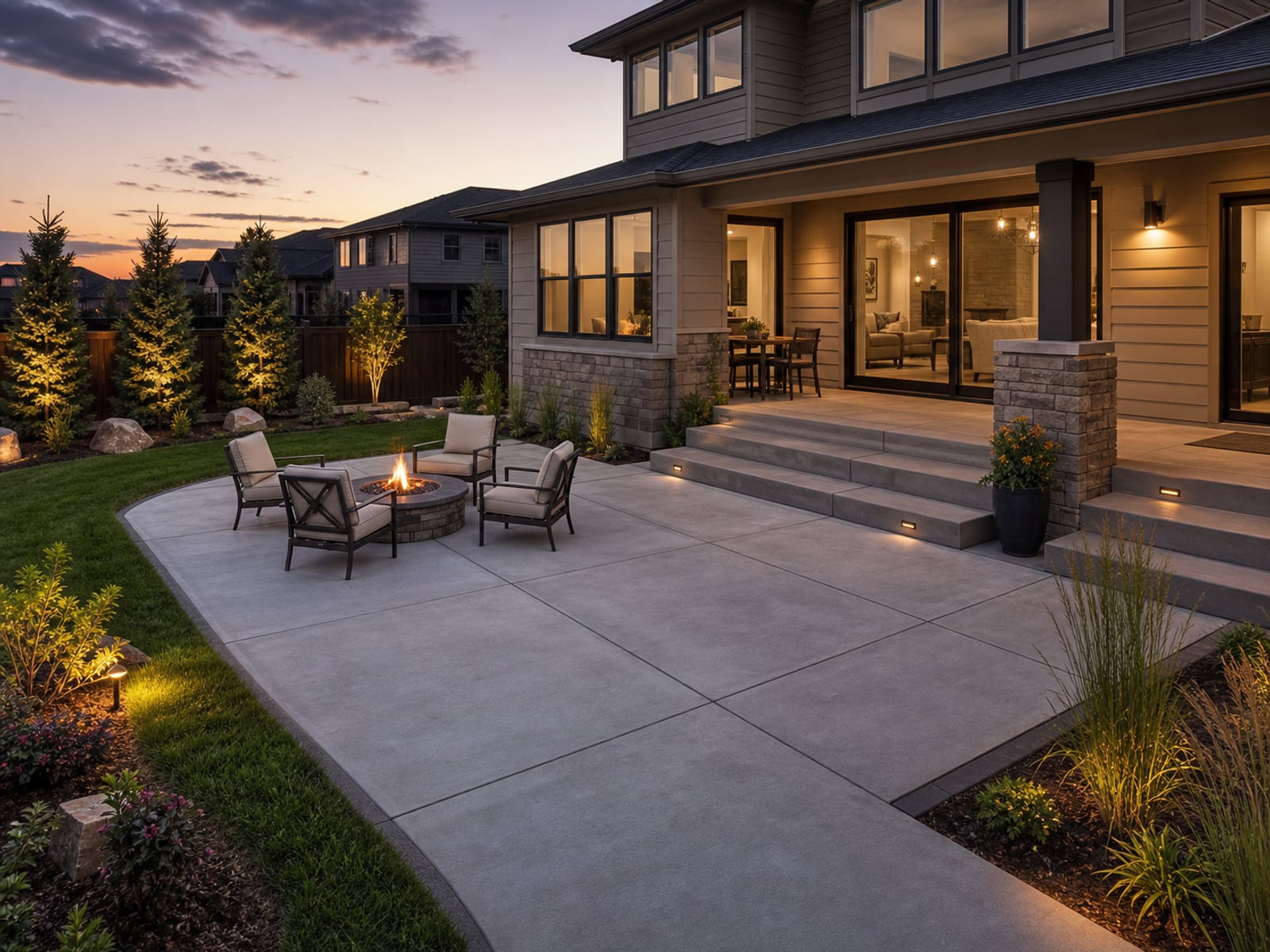 Finished concrete patio with planned outdoor living area at dusk