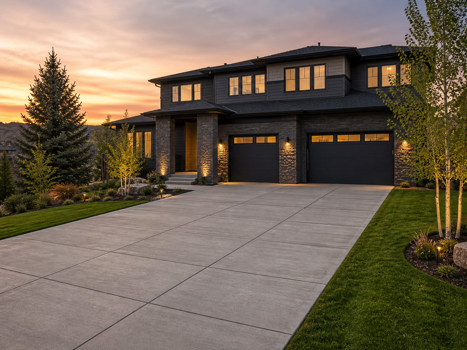 Long residential concrete driveway leading to a modern two-story home in Castle Rock at dusk