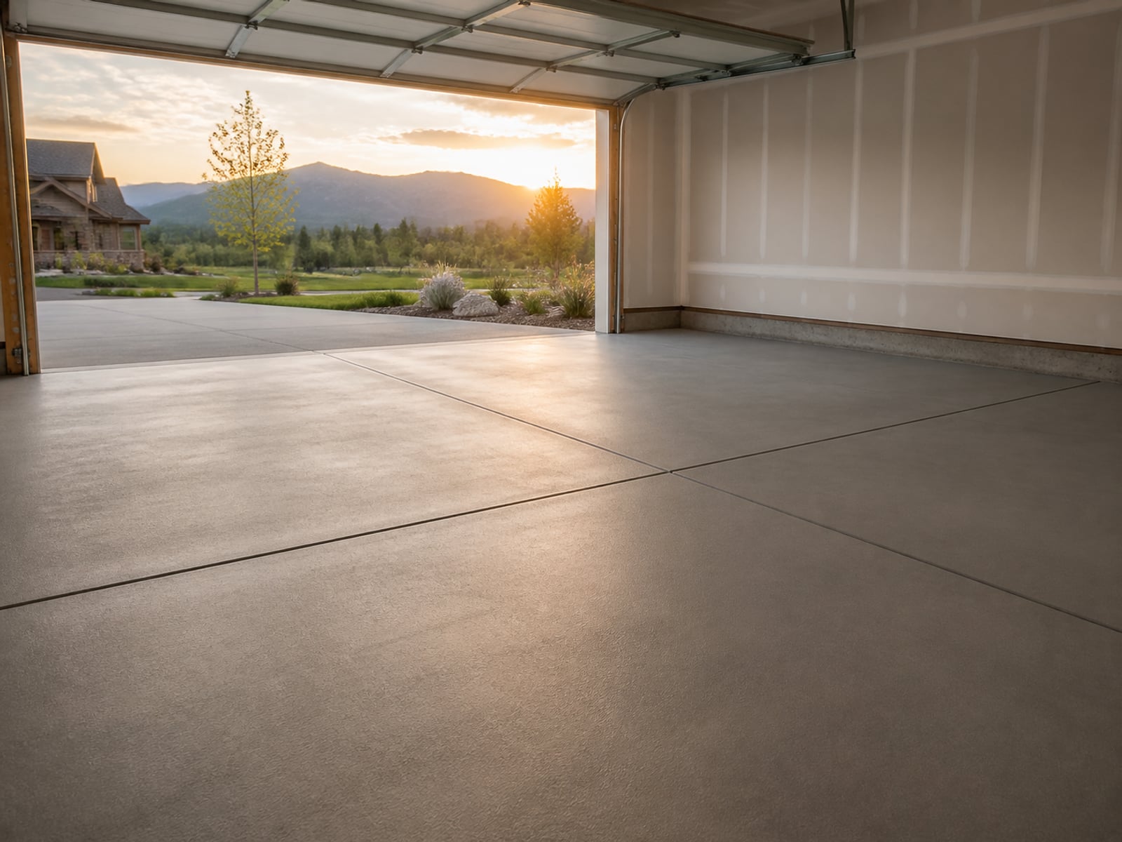 Newly finished residential concrete garage slab with clean form lines
