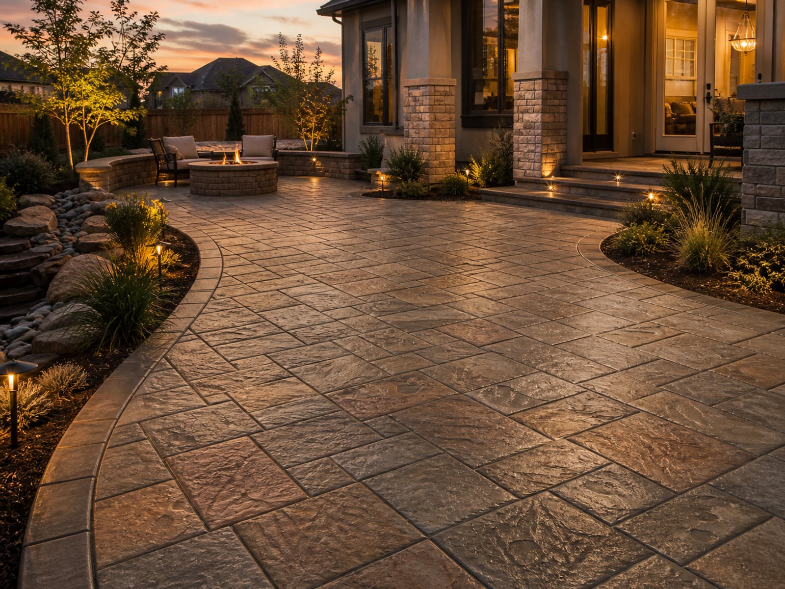 Stamped decorative concrete patio surface with integral color and finished border