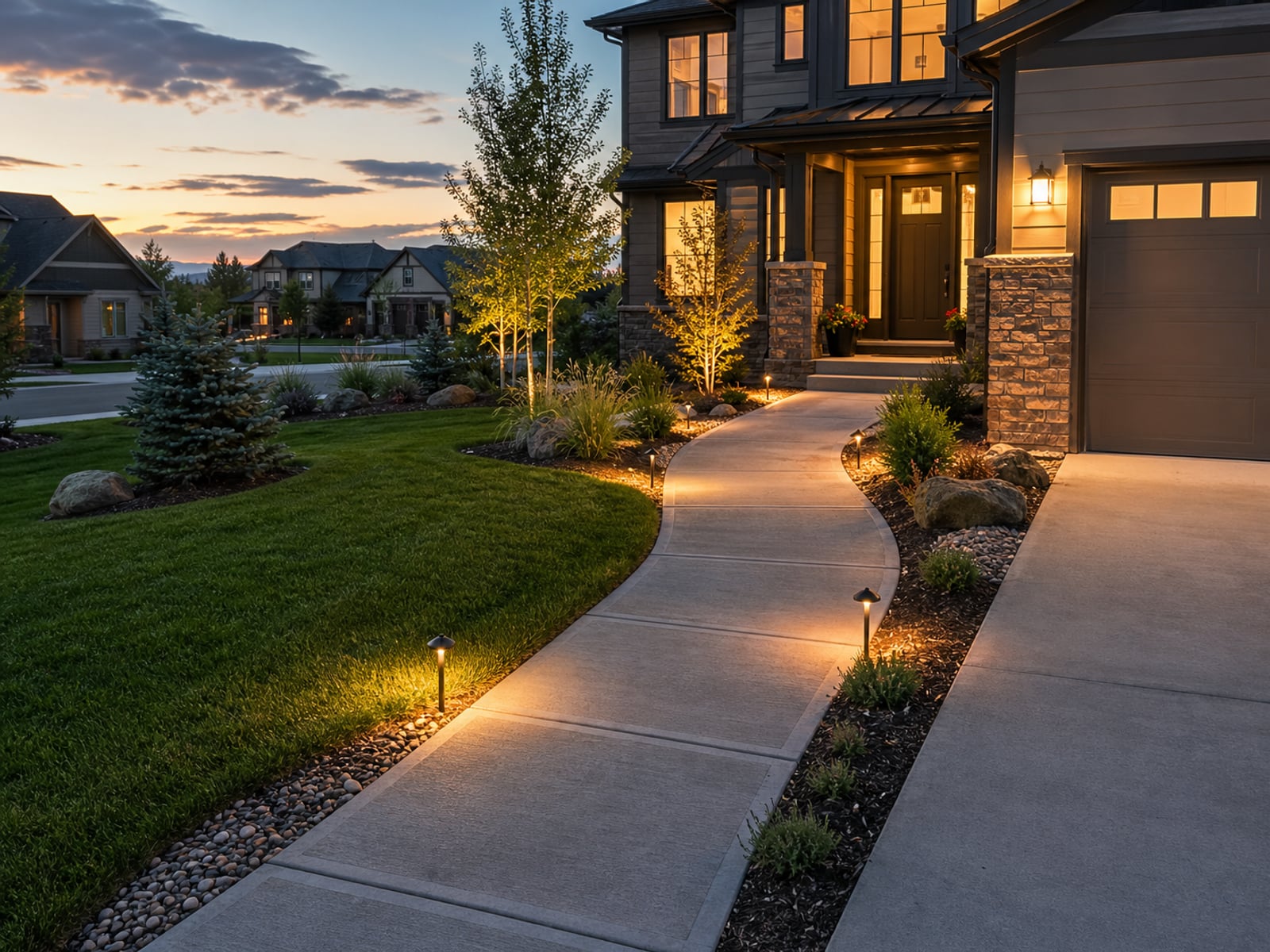 Residential concrete walkway connecting driveway to front entry with landscape lighting
