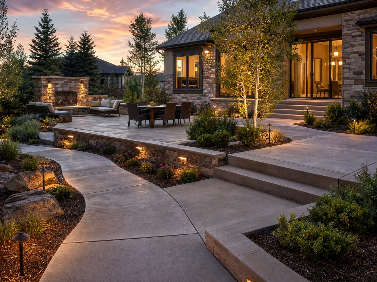Finished Cornerstone Concrete project showing planned multi-surface layout at dusk